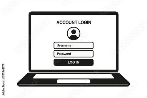 Secure Account Login Page on Laptop Screen. Vector Illustration of Username and Password Input Form. Modern Authentication Interface. Online Security Access. User Login Window Concept.