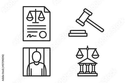 Law and Justice Linear Icon Set. Legal Document, Court Gavel, Prisoner Behind Bars, Justice Scales Courthouse. Jurisprudence, Criminal Law, Courtroom, Legal System, Punishment, Crime, Justice Concept