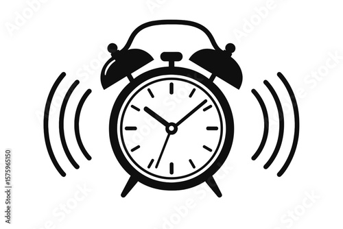 Classic alarm clock ringing. Wake up call in the morning. Time management, deadline pressure concept. Retro mechanical timepiece with bell. Loud alert, reminder vector icon.