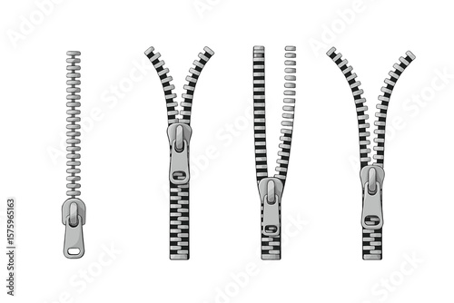 Realistic Metal Zipper Set. Vector Zipper Puller Collection. Open and Closed Zipper Elements. Metal Slider. Clothing Fastener. Fashion Accessory. Textile Component. Editable Isolated Clipart