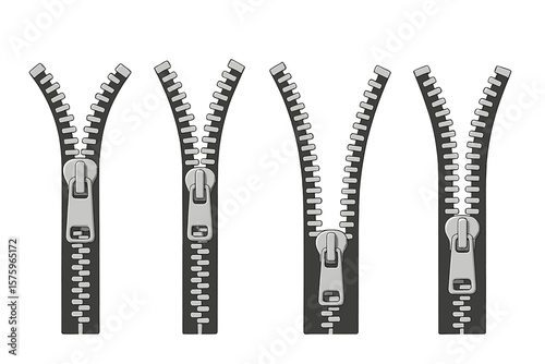Zipper Icon Set. Realistic Metal Zipper Pulls. Open and Closed Zippers. Clothing Fastener Elements. Fashion Accessory. Vector Illustration. Transparent Background. Textile Detail. Garment Hardware.