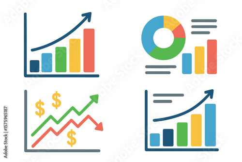 Business data charts and graphs icon set. Financial analytics and statistics report. Infographic elements. Market trend, growth, success. Investment profit and loss diagram.
