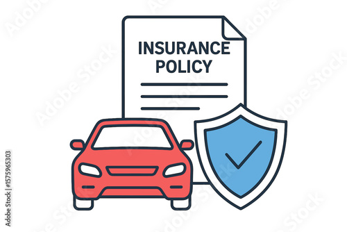 Car insurance policy concept. Vector of an automobile with a protection shield and an approved document. Auto safety, vehicle security, transport guarantee, and claim service icon.