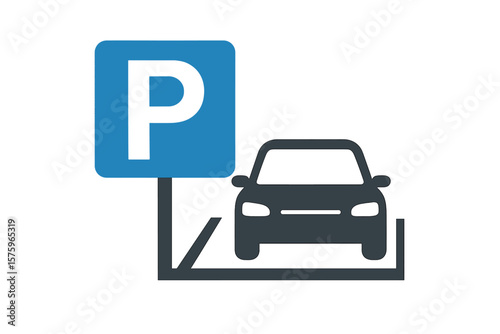 Car parking sign icon. Parking lot symbol. Auto park space. Vehicle transport service. Urban traffic regulation concept. Automobile garage pictogram. Find driver place vector.