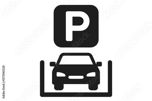 Simple black car parking sign icon. Automobile in a designated parking lot space symbol. Flat vector pictogram for web or app. Transport and traffic road sign concept.