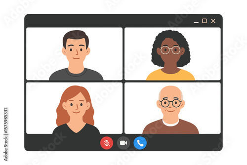 Video conference call interface mockup. Online meeting workspace vector. Virtual communication app screen template. Remote teamwork, business chat, digital collaboration concept