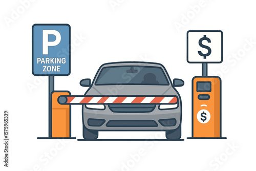 Car parking concept. Automobile at paid parking zone entrance with automatic barrier and payment system terminal. Vehicle passing gate. Urban transport infrastructure vector.