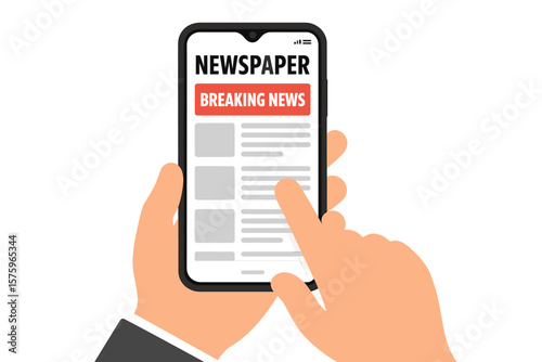 Breaking news notification on smartphone screen. Hand holding mobile device reading online newspaper, scrolling digital news feed, daily headlines, web news updates, information events