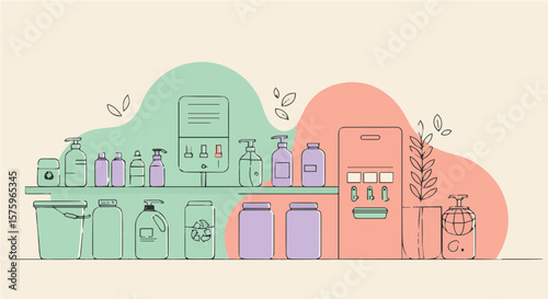 Illustration of refill station with various containers and dispensers on shelves and a machine