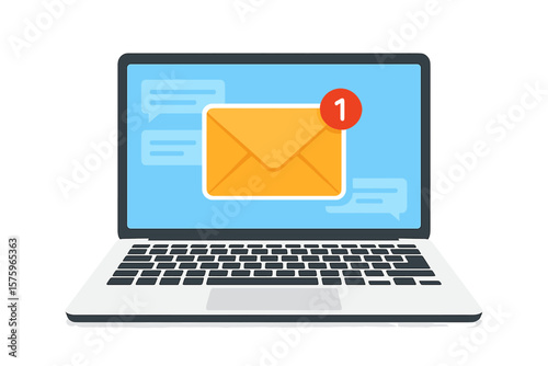 Laptop screen with new email message notification. Unread envelope icon. Online chat alert. Email inbox, digital communication, internet marketing, e-message, web mail concept