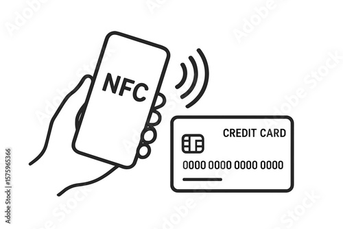 Contactless NFC Mobile Payment with Smartphone and Credit Card. Wireless Transaction, Tap to Pay, Digital Wallet, Secure Banking, Fintech Concept, Vector Illustration, Isolated on White