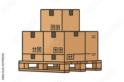 Cardboard boxes on a wood pallet. Vector concept for logistics, delivery, cargo, and warehouse. Shipping, freight, and distribution industry. Isolated stacked parcel illustration.