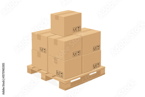 Cardboard boxes stacked on a wooden pallet. Vector illustration for cargo, shipping, logistics, warehouse storage, delivery, freight transportation, goods and merchandise.