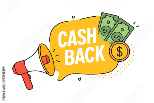 Cash back offer vector banner with megaphone. Return money concept. Money refund service. Loudspeaker announcement for business, marketing and advertising promotion. Save.