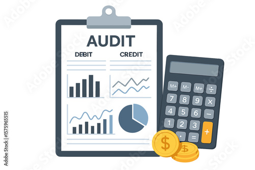 Financial audit on clipboard with graphs and charts. Debit and credit calculation for accounting and taxes. Business report for bookkeeping, data analysis, investment, economy.