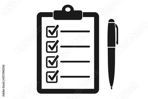 Clipboard and pen icon. Concept of finished to-do list, task management, and productivity. Checklist with check marks symbol. Successful completion of project or survey.