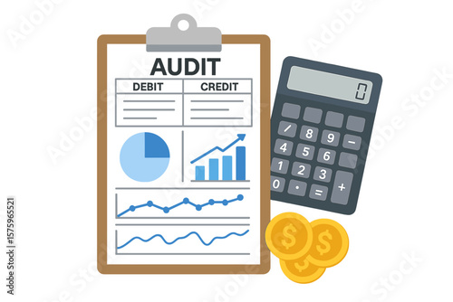 Financial audit report on a clipboard with charts and graphs. Business accounting, tax calculation, and budget analysis concept. Debit, credit, data research, and economy.