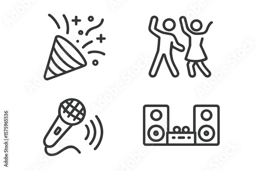 Party celebration line icons set. Dancing people, confetti popper, microphone, DJ music system. Karaoke, anniversary, festive event, web and mobile app vector illustration