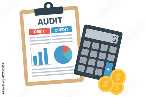 Financial audit and accounting concept with clipboard showing a report with graphs and charts. Business debit and credit calculation for taxes, investment, and budget analysis.