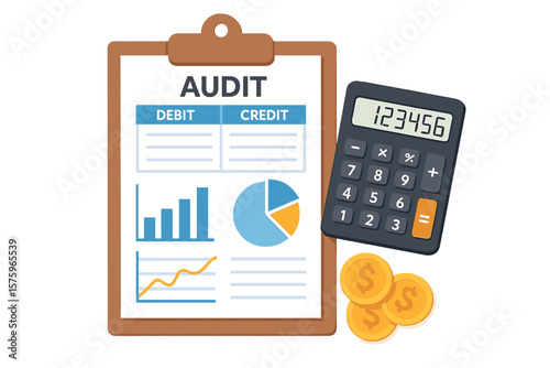 Financial audit concept. Clipboard with graphs and charts. Debit and credit calculation for accounting and tax report. Bookkeeping service, financial analysis and investment.