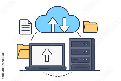 Cloud computing web hosting concept. Digital data storage service with server. Database for documents and files. Upload and download from computer. Online backup technology.