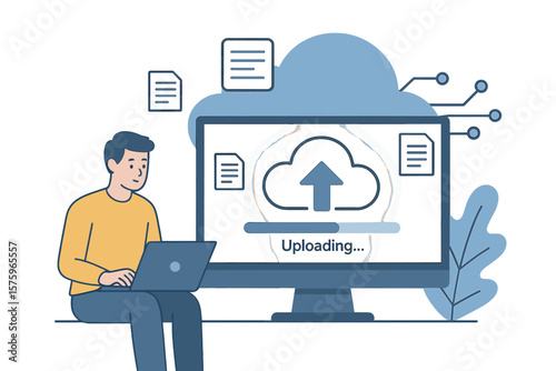 Cloud computing technology. Man with laptop during file uploading process to online server for data storage and backup. Information processing. Network hosting service concept.