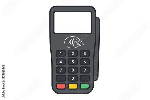 Contactless Payment Terminal POS Device. NFC Card Reader. Secure Wireless Payment Machine. Modern Electronic Transaction. Numeric Keypad. Retail Checkout. Vector Illustration