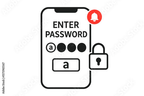 Mobile phone password entry screen vector. Secure login, password protection, authentication, lock icon, notification alert, two factor verification, data security concept illustration