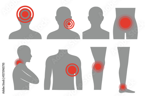 Human Body Pain Location Markers. Red Target Circles Indicating Headache, Toothache, Neck, Chest, Menstrual, Joint, Muscle, Leg, Ankle Pain. Medical Symptom Vector Set