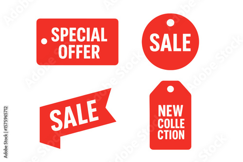 Red Sale Tags Collection. Special Offer, Sale, New Collection, Discount Labels. Modern Promotional Shopping Badges. Set of 4 Retail Product Tags, Stickers, Ribbons, Price Label Design