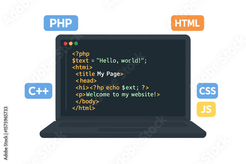 Programming languages code on laptop screen. PHP, HTML, C++, CSS, JavaScript. Developer coding website. Software development, web programming, computer technology concept