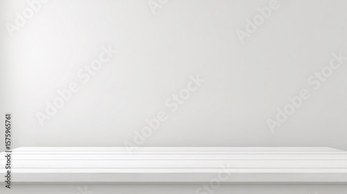 Minimalist White Wooden Table Against Seamless White Wall, Scandinavian-Style Studio Background for Product Photography & Lifestyle Design