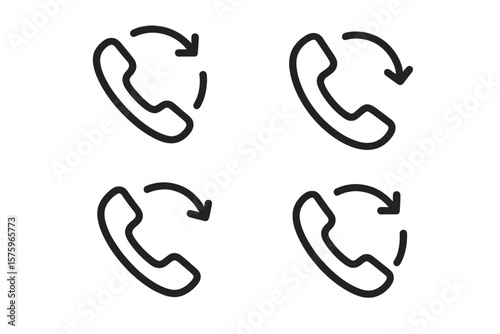 Phone Call Rotation Arrow Icon Set. Hand Drawn Telephone Receiver with Circular Arrow. Call Forward, Redial, Repeat, Refresh. Mobile App, Web UI, Communication, Vector, Isolated, Transparent