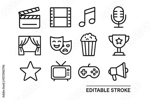 Entertainment icon set with editable stroke. Movie and cinema symbols. Music, theater, gaming, awards and television concept. Linear pictogram collection for web and mobile.