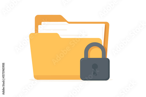 Secure confidential file folder with documents and lock. Concept of data security, privacy, and personal information protection. Classified archive access control symbol.