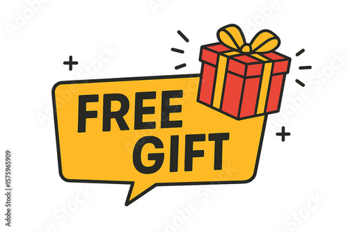 Free gift promotion label with gift box icon. Special offer, bonus prize banner for e-commerce marketing. Vector sticker tag illustration. Surprise present advertising sign.