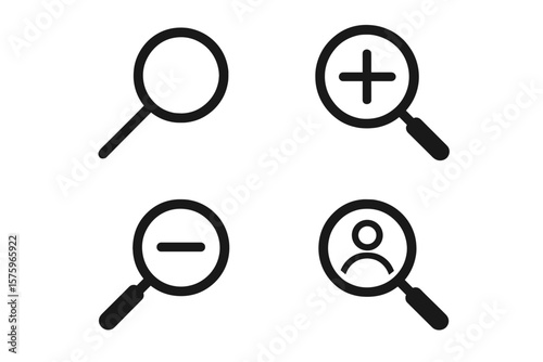 Magnifying Glass Search Icons Set. Zoom In, Zoom Out, User Search, Find Person. Vector Magnifier Loupe Symbols for Job Recruitment, Employee Search, Web Interface, Transparent Background.