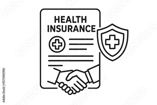 Health insurance contract concept. Medical policy document icon. Healthcare protection shield. Secure deal, handshake agreement. Life assurance. Medicine safety symbol.