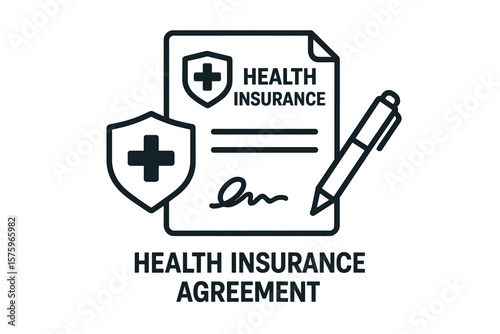 Health insurance agreement icon. Medical policy contract signing. Healthcare protection document. Patient coverage application form with signature. Vector for financial security.