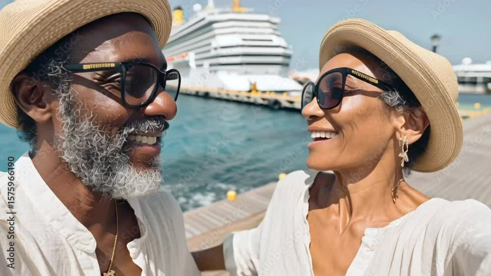 pareja senior de piel morena afroamericanos, con gafas de  sol, sombreros de paja y blusas blancas, posando a la camara y hablando, con fondo de puerto, mar y un barco de crucero grande blanco. 