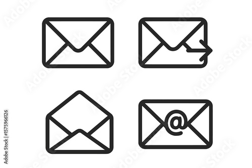 Email Envelope Icon Set. Outline Mail Symbols. Open and Closed Envelope, Sent Message, Email Notification, At Sign. Communication, Messaging, Web, App, Interface, Vector Illustration.