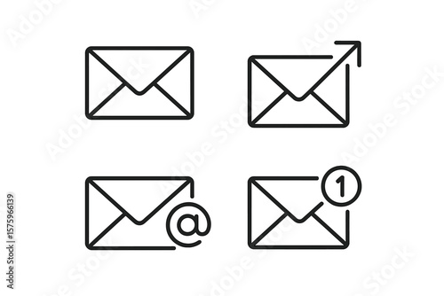 Email Envelope Icon Set. Line Art Vector. Mail Notification, Sent Message, Email Symbol, New Message Alert, Email Address, Communication, Web UI, Digital Correspondence, Black Outline
