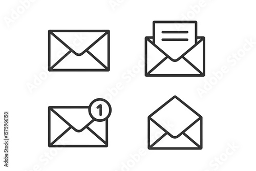 Email Envelope Icon Set. Mail Notification, Message, Open and Closed Envelope, New Email Alert. Communication, Messaging, Inbox Symbol. Minimal Line Art Vector Illustration, Isolated on White