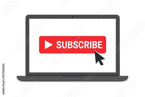 Laptop screen with red subscribe button, play icon, and cursor click. Social media subscription, channel follow, blog promotion, streaming video, online marketing concept