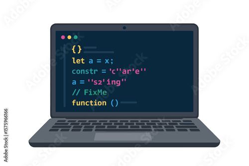 Laptop with Colorful Programming Code on Screen. Debugging, Coding, Software Development, Bug Fixing, Web Application, Computer Programming, Developer Workspace Concept