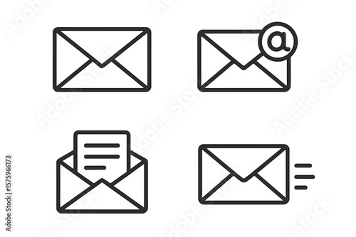 Email Envelope Icon Set. Mail Communication Symbols. Message Send, Receive, Open Letter, Email Notification. Vector Line Art Illustration. Outline Icons Isolated on White Background