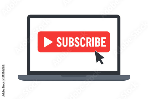 Laptop computer screen with red subscribe button and cursor. Social media channel, blog, video streaming promotion. Play icon. Online subscription, marketing concept vector