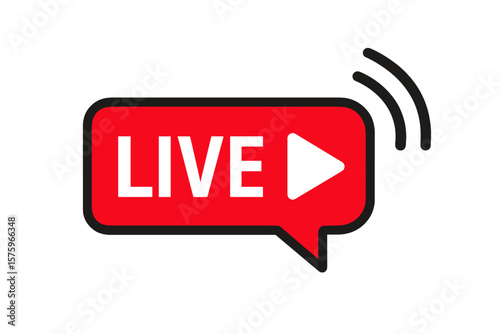 Live Streaming Icon. Online Broadcast Symbol. Red Play Button Speech Bubble. Live Video Stream Emblem for TV, Sports, News, Radio, Social Media, Webcast, Podcast, Event, Internet Channel