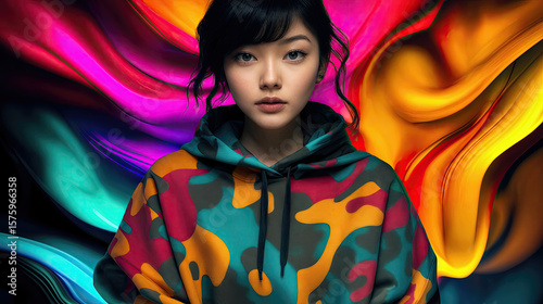  a person wearing a colorful camouflage hoodie against a vibrant, abstract background with swirling hues of pink, orange, and blue. The individual has wavy black hair and is looking at the camera.