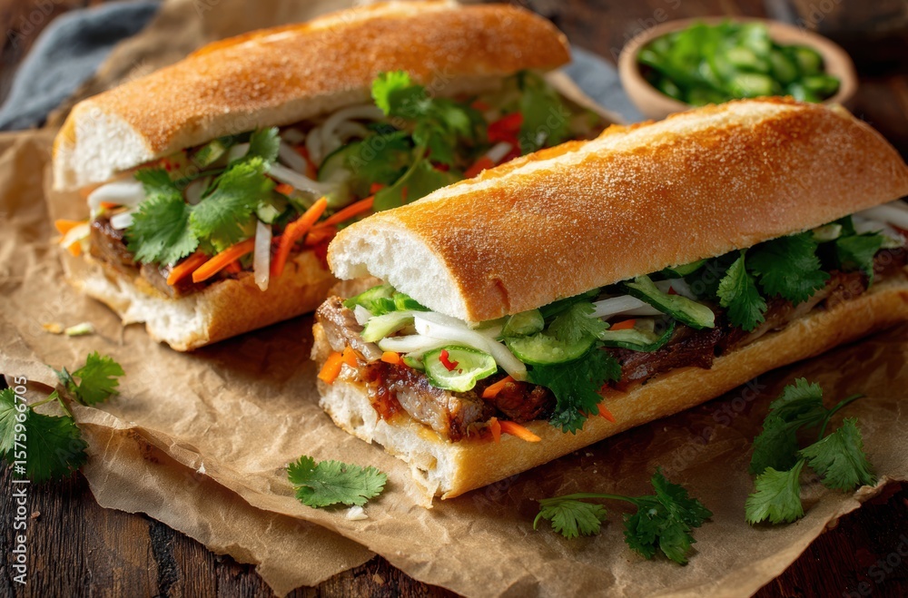 Obraz premium Vietnamese banh mi sandwich cut in half, served on parchment with